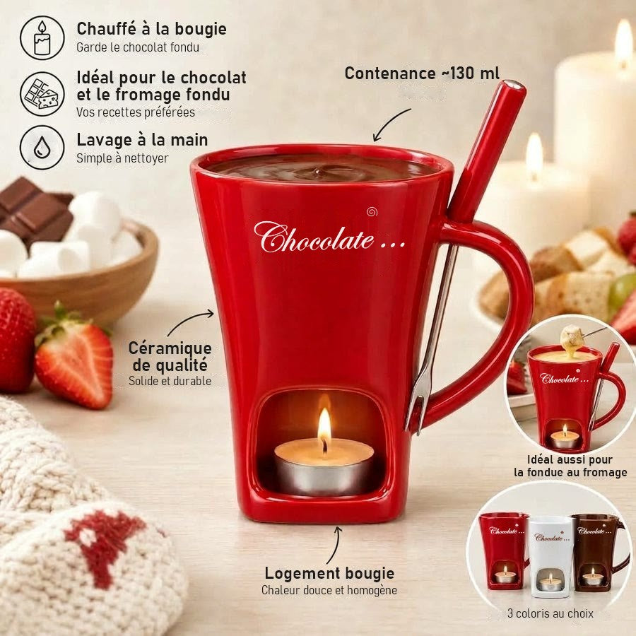 Infographie : chauffé à la bougie, contenance environ 130 ml, céramique, lavage à la main, 3 coloris