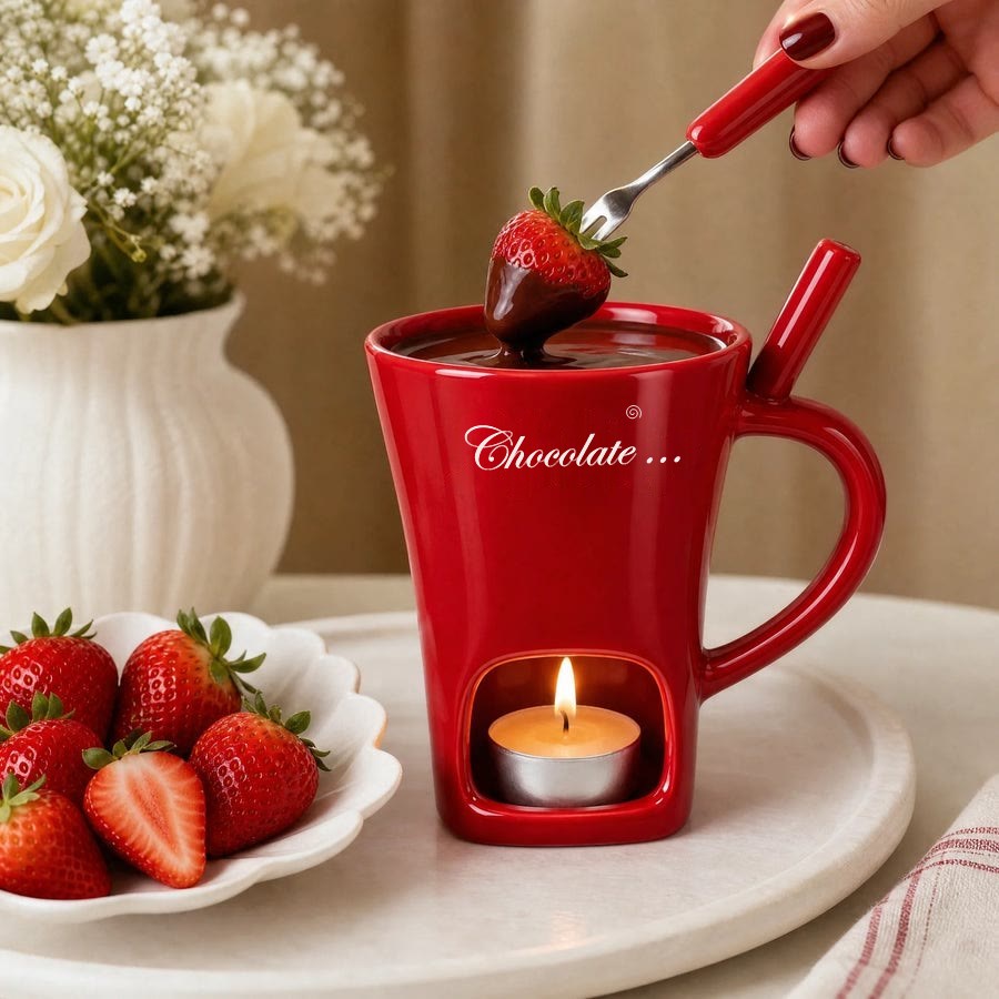 Mug Fondue rouge, une fraise trempée dans le chocolat fondu