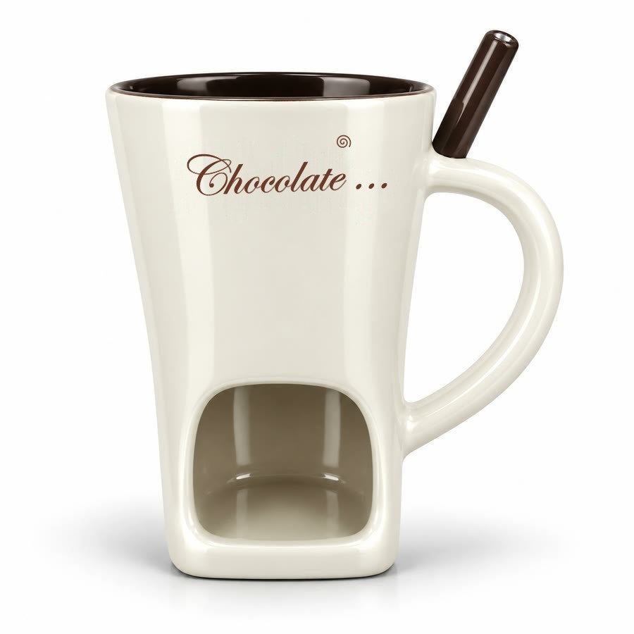 Mug Fondue blanc, intérieur chocolat, avec sa pique à fondue